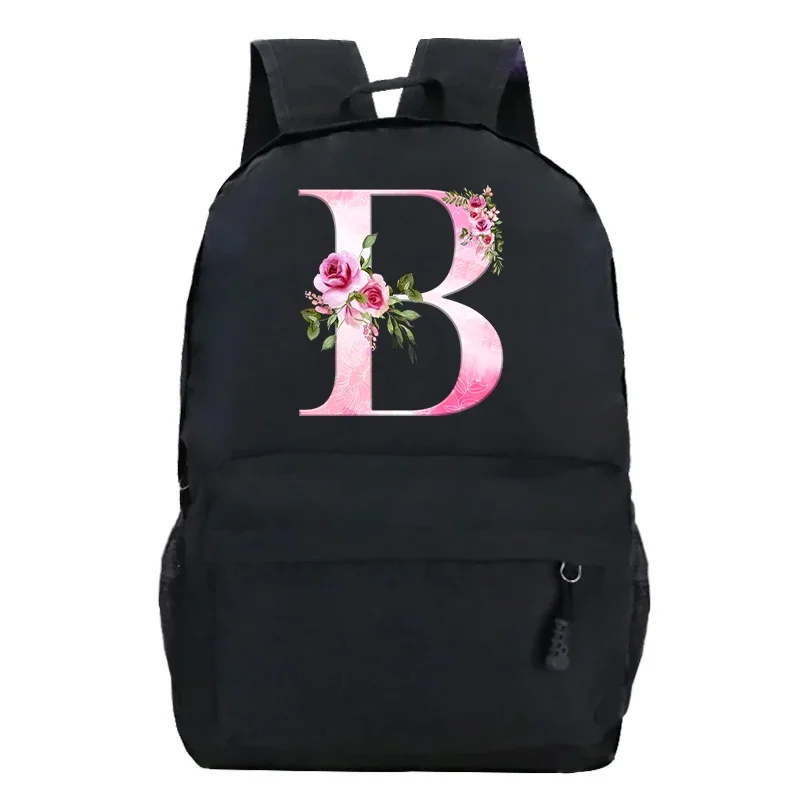 Pink Gradient Rose Printed Schoolbag for Teenagers Fashion 26 Floral Alphabet Canvas Girl Shouder Bags Portable Student Backpack