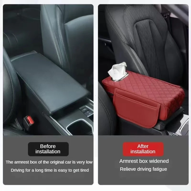 Car Universal Armrest Cover Leather with Tissue Storage Memory Foam Height Pad Car Armrest Box Protective Pad Increased Support