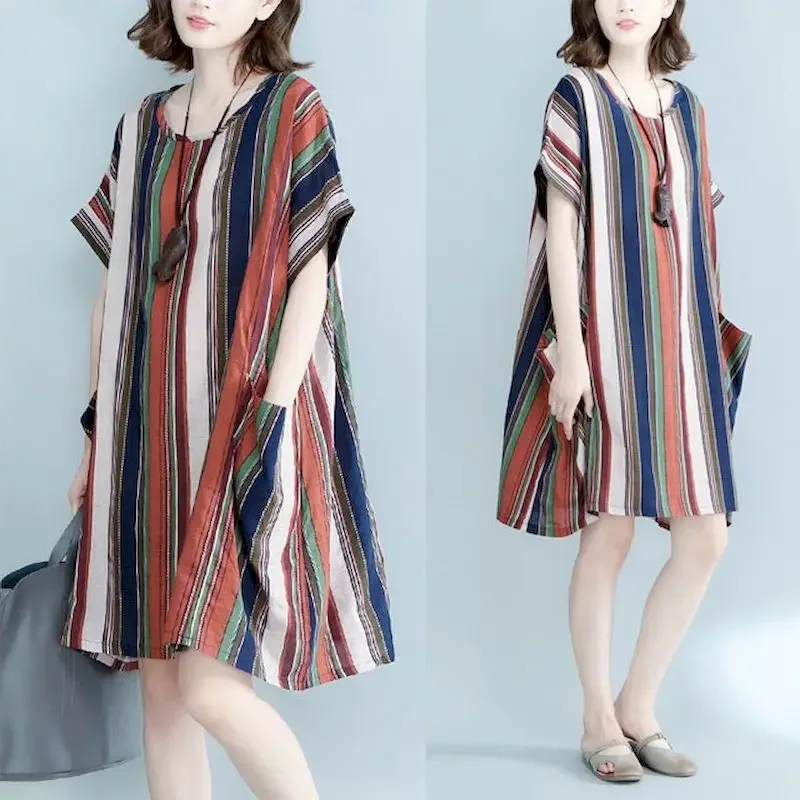 Robes en coton et lin pour femmes, mode t-shirt à rayures verticales, jupe d'été, protection solaire, décontractée, ample, manches courtes, robe surdimensionnée