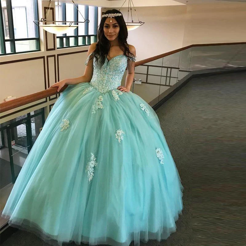 

ANGELSBRIDEP Mint Green Quinceanera Dresses Off Shoulder Vestidos De 15 Anos Fashion Princess Birthday Applique Gowns Plus Size