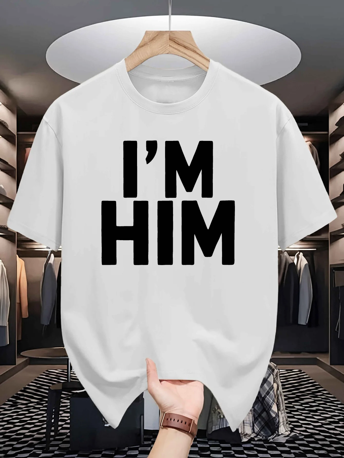 I M Him Letter Print Mens Crew Neck T Shirt Thick Bold Slogan Text Graphic Short Sleeve Casual Cotton Fashion Street Tees