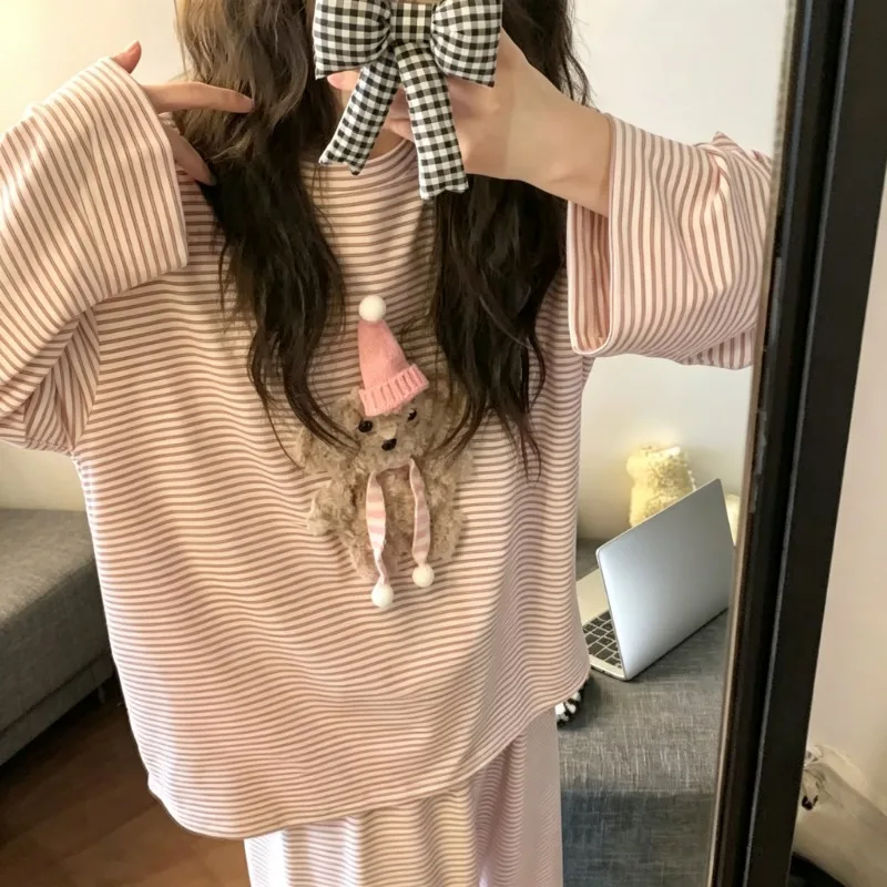 Autumn Women 2-Piece Pajamas Set Cute 3D Puppy With Pink Hat Striped Print Soft Casual Daily Home Loungewear Sleepwear Outfit 4