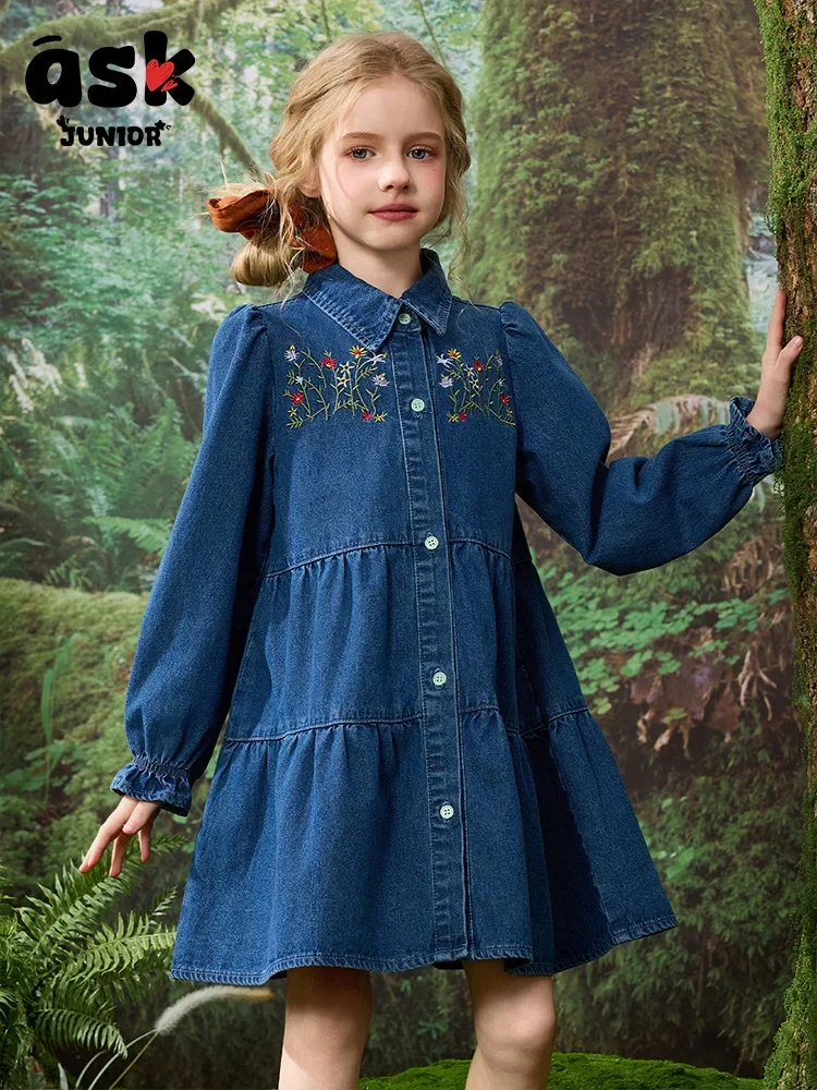 فستان صيفي ASK Junior Tween Girl مطرز بالزهور وأكمام طويلة وصدر واحد كاجوال من قماش الدنيم