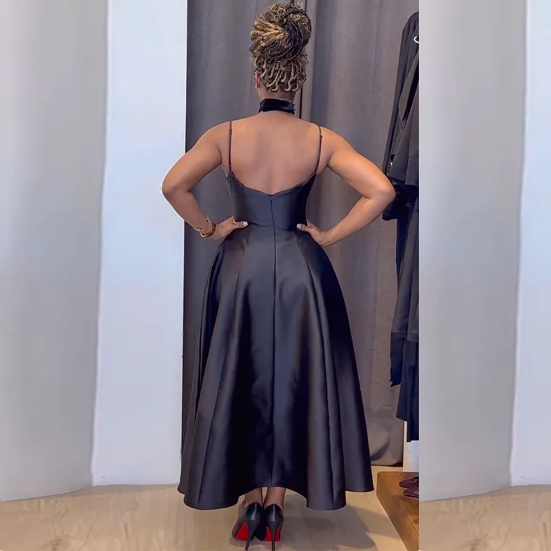 ชุดเดรสแคมิสผู้หญิงแขนกุดสายรัดคอวีเอวสูงแลดูผอมชุดเดรสทรงเอสีทึบสลิมฟิตแม็กซี่ชุดยาว