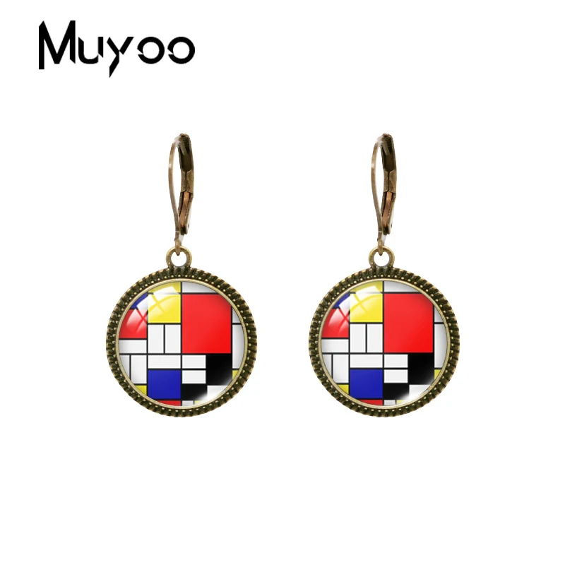 2023 New Mondrian Square Dangle Earring Geometric Mixed Vintage Earrings Round Glass Dome Handmade Jewelry