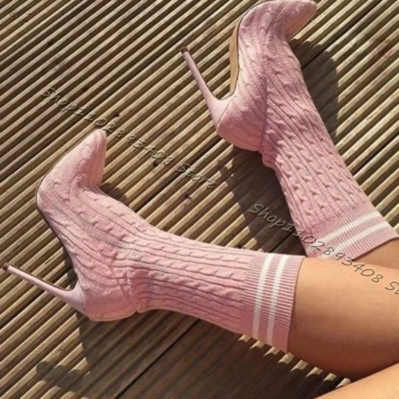 Pink Warm Stiletto Sock Boots Pointed Toe High Heels Slip on Solid Elastic Boots Women Concise Casual Shoes Zapatos Para Mujere