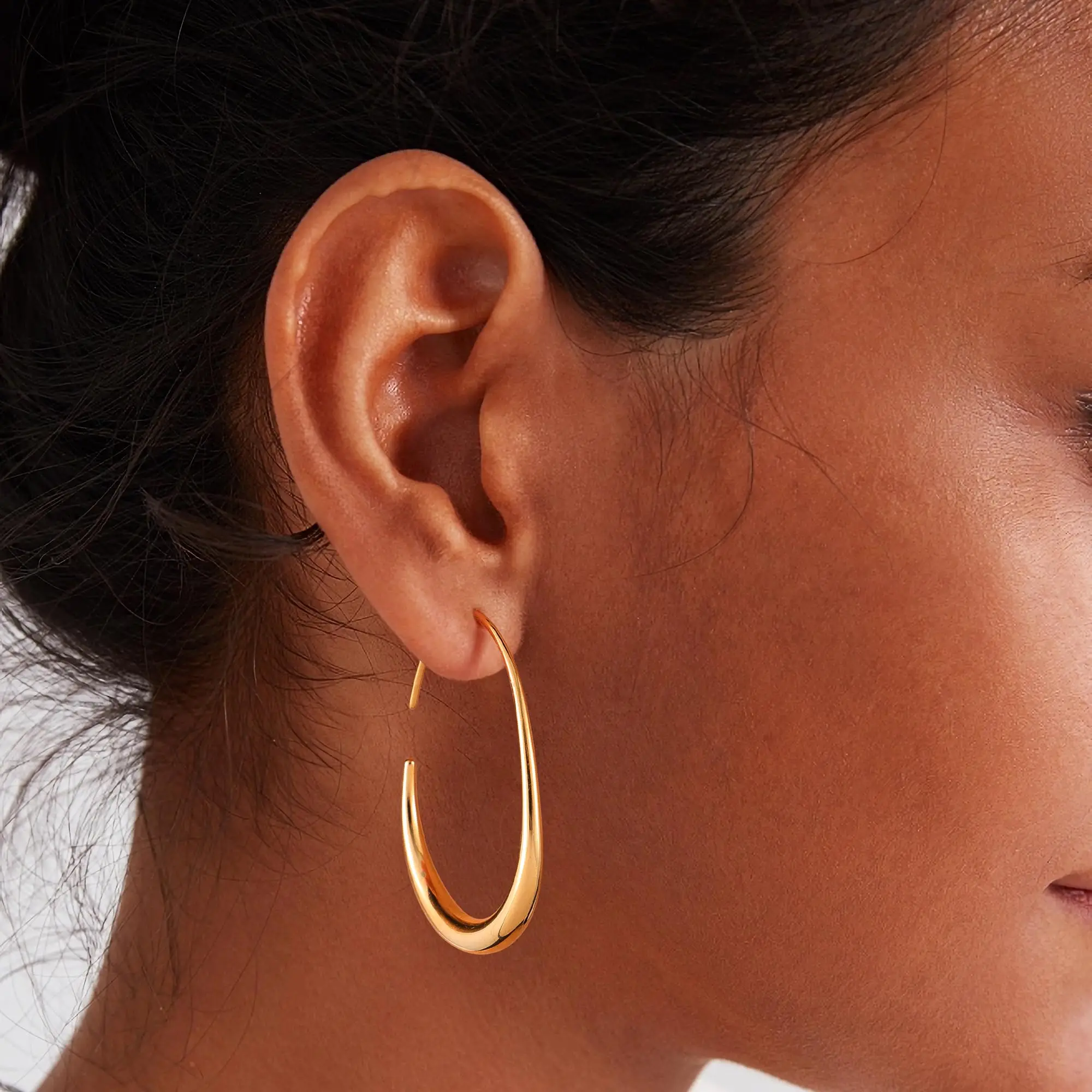 Shevalues Teardrop Hoop Earrings for Women New 14K Gold Plated Oval Pull Through Hoops Women Girls Popular Gold Drop Earring