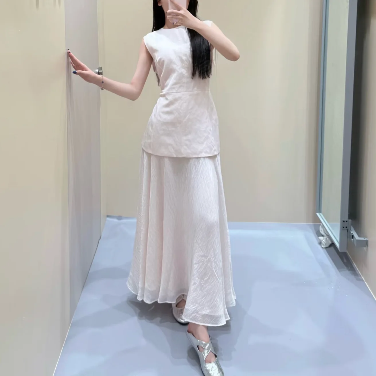 Pink Layered Ruffle Svel Dr Women's Faion Spring Summer New Arrival Single Piece Long Pants round Neline A-ade...