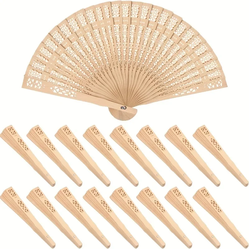 50pcs Wooden Folding Fans Vintage Chinese Fans Hollow Pattern White Tassel Gift Bag for Wedding Guest Bridal Shower Party Favors