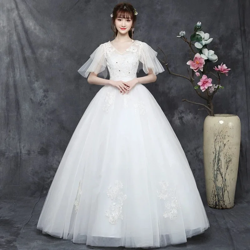 AnXin SH princess white flower lace v neck illusion short sleeve ball gown lace up party bride simple customized wedding dress