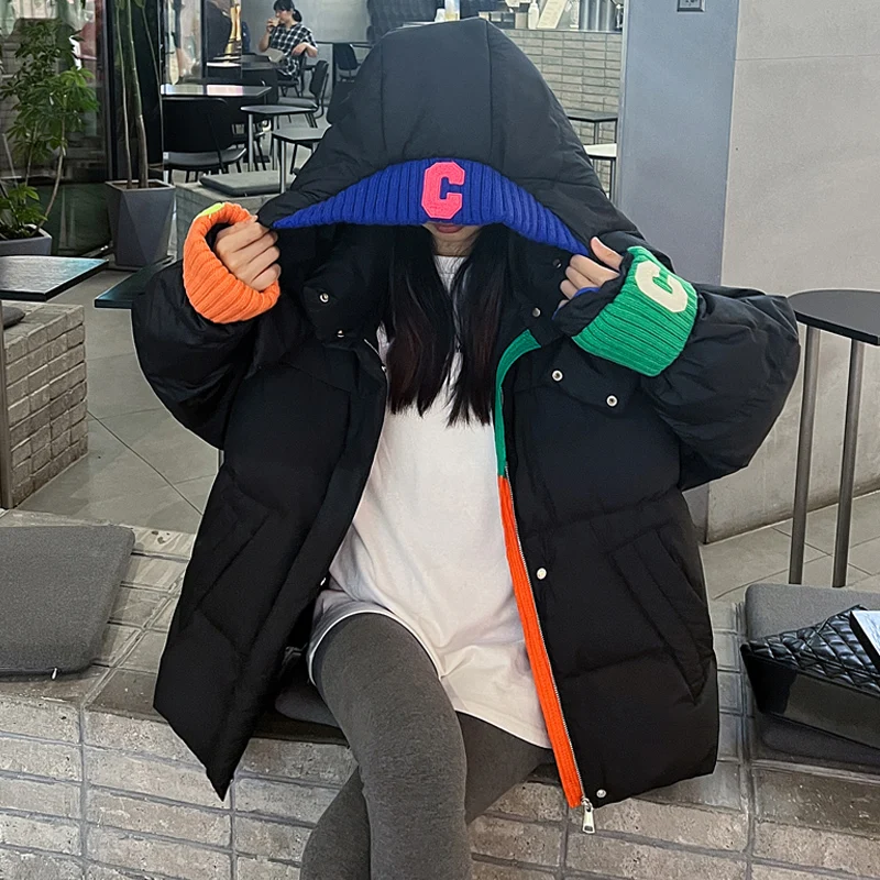 2022 new winter women's parka casual thickening warm color matching pattern ladies winter knitted coat loose coat jacket coat