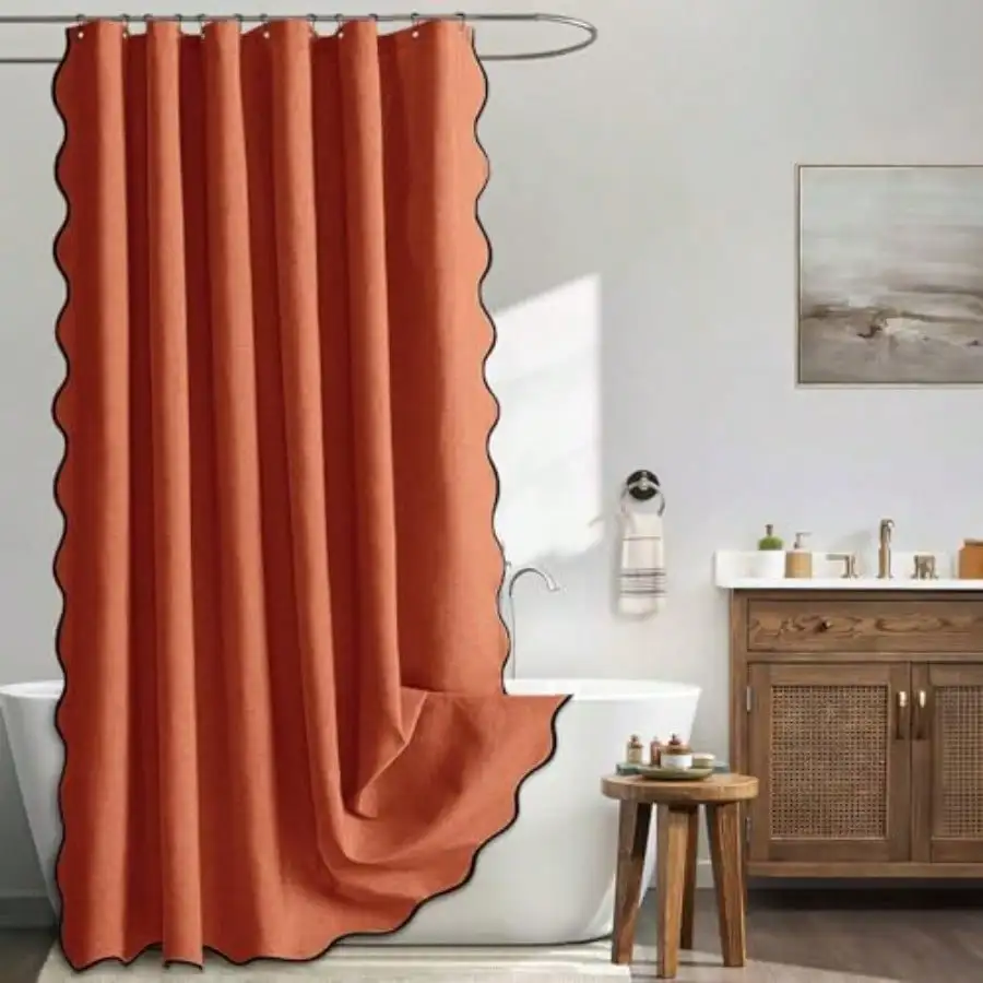

Burnt Orange Scalloped Shower Curtain Linen Textured With 12 Metal Hooks Cute Heavy Duty Washable Waterproof Thick Cloth Shower Curtains With Black Border For Bathroom Hotel BathtubW72*L72