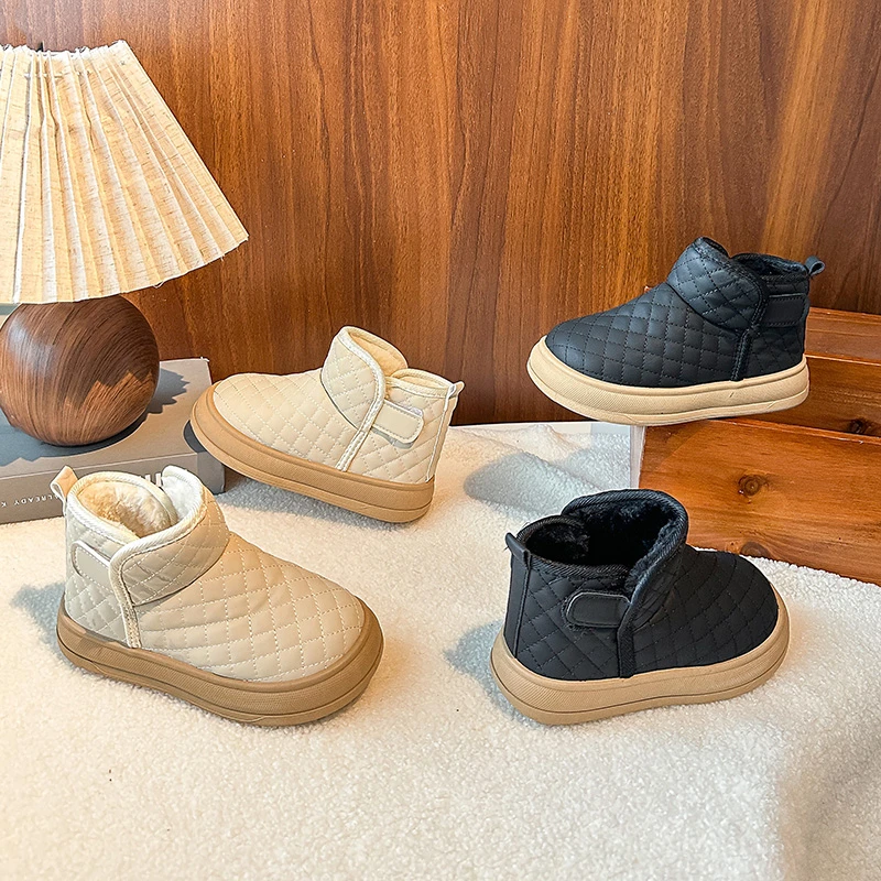 

2025 Children's Short Snow Boots Winter Thickened Fleece Lined Warm Booties Rubber Upper Leather Fur Waterproof Cotton Shoes