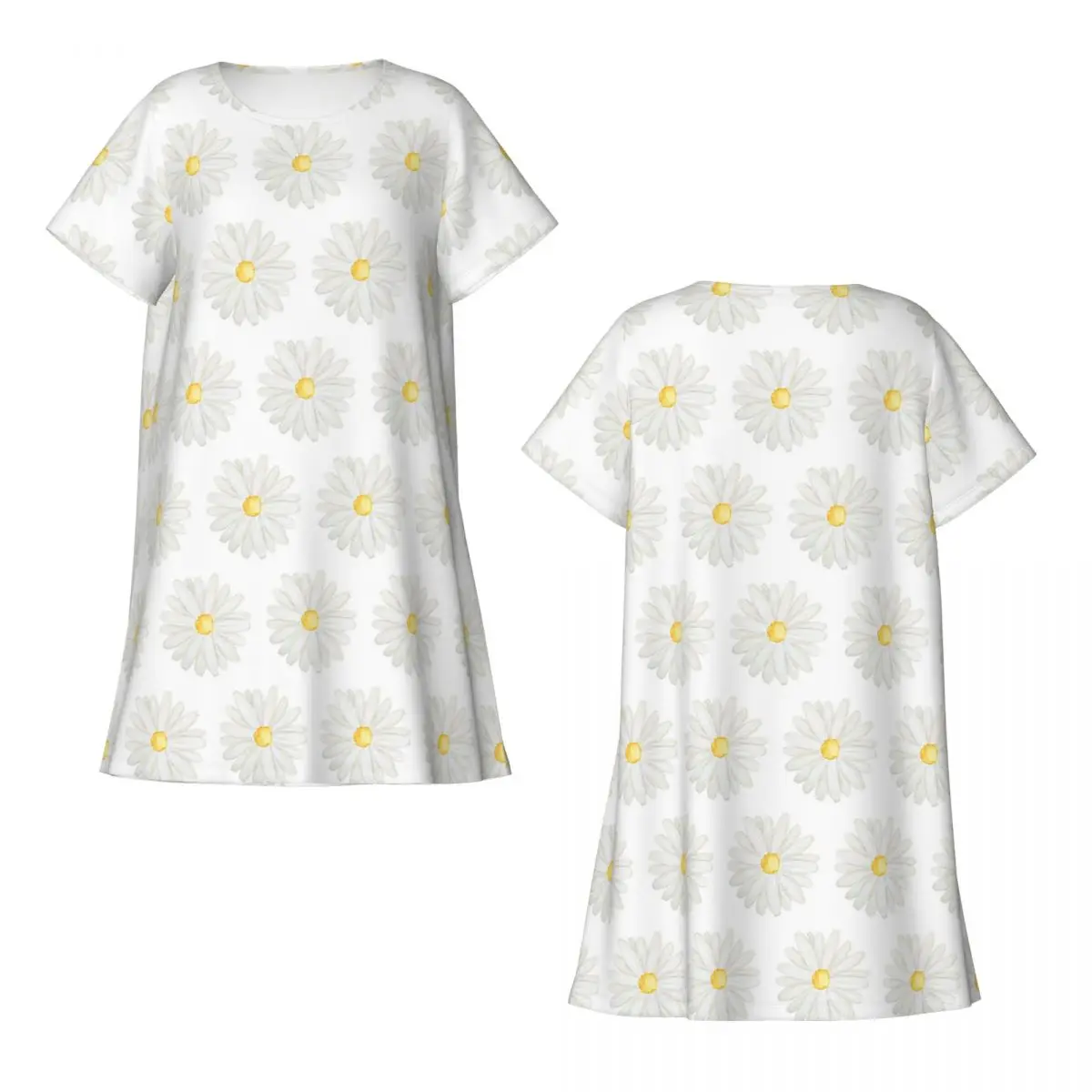 Hand Painted One Little White Daisy Watercolor Short Sleeves Nightdress For Sleeping Women Short Sleeve Nightgowns  Pajama Dress
