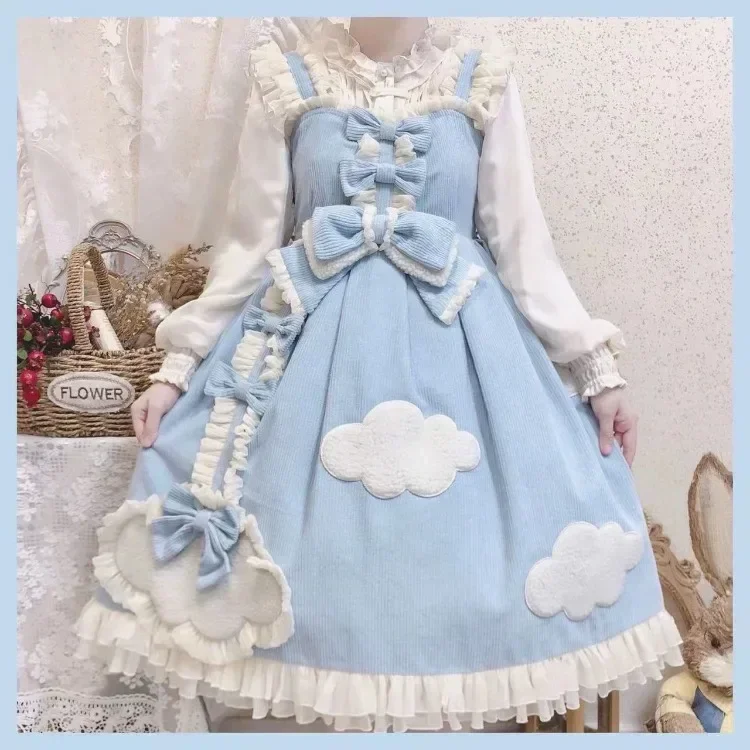 Autun Winter New Thicked Warm Dress for Women Y2k Bow Lim Waist Lolita Op Jsk Dresses Sleeveless Blue Vestidos De Mujer