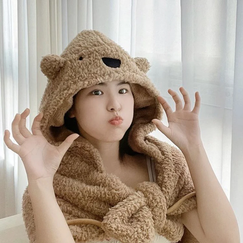 Bear Hooded Throw Blanket Winter Bear Fleece Shawl Cloak Warm Blanket For Office Bedroom Living Room Wearable Soft Cute Blankets