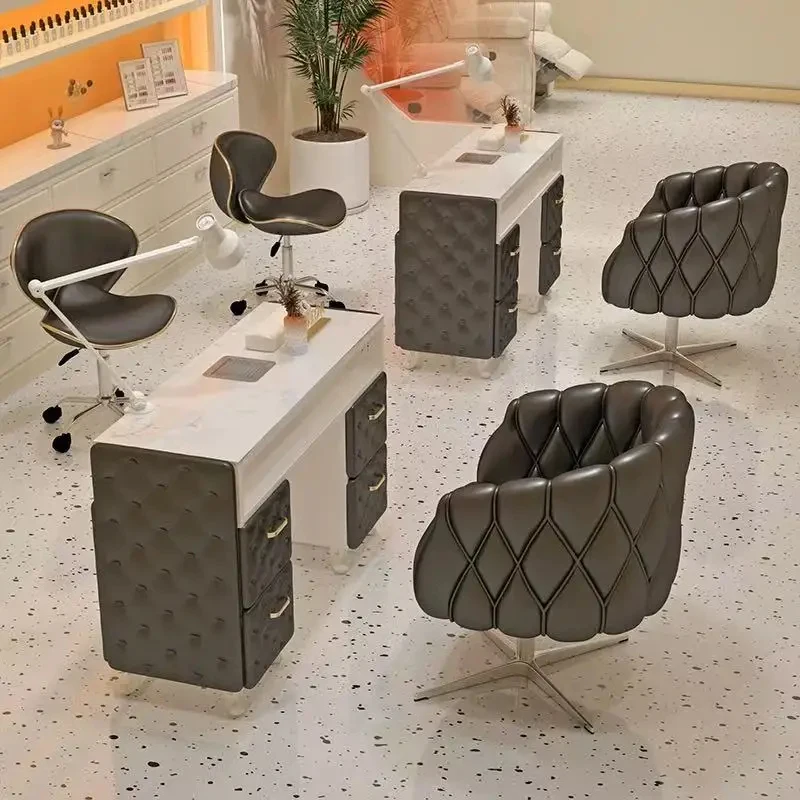 custom.Modern Pink Nail Table Set with Marble Top & Dust Collector, Luxury Manicure Station with Chairs Beauty Salon