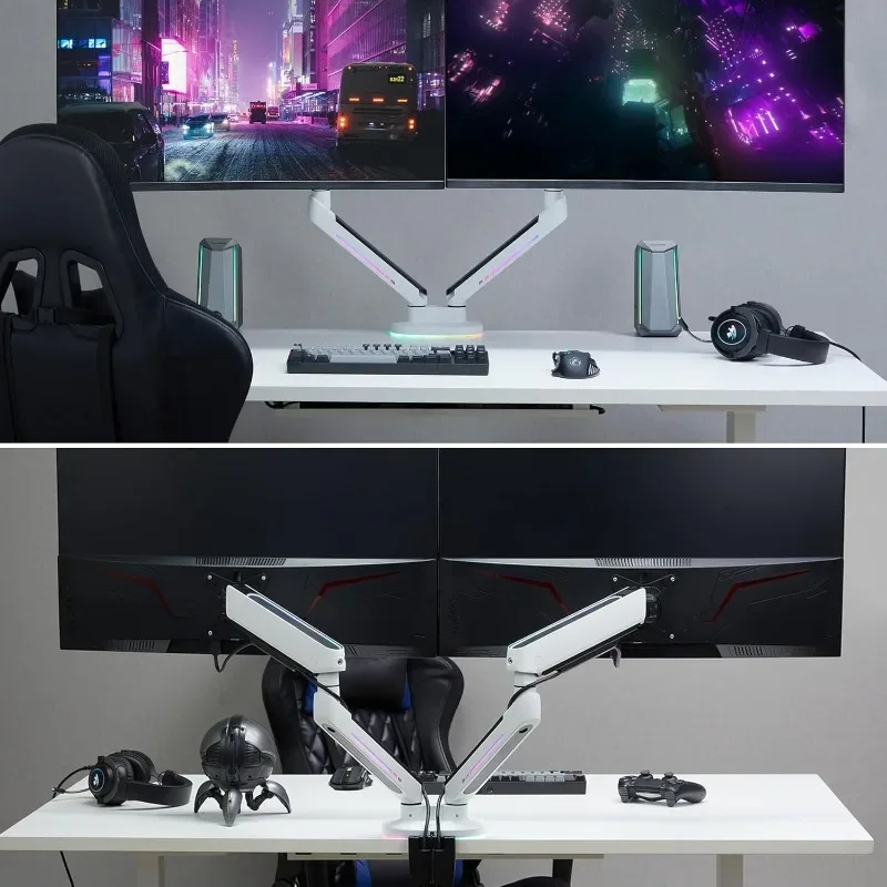 Dual 27”-43” RGB Gaming Monitor Arm Desk Mount Built-in 20 Lighting Modes Touch Button Control Fits Flat