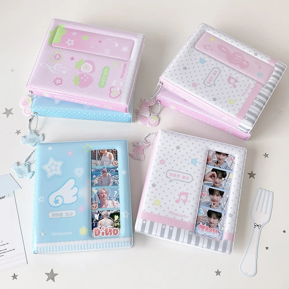 Kawaii Pocket Photocard Album 3 Inch Kpop Photocard Binder Collect Book Strawberry Wing Pattern Photo Holder Pendant Keychain