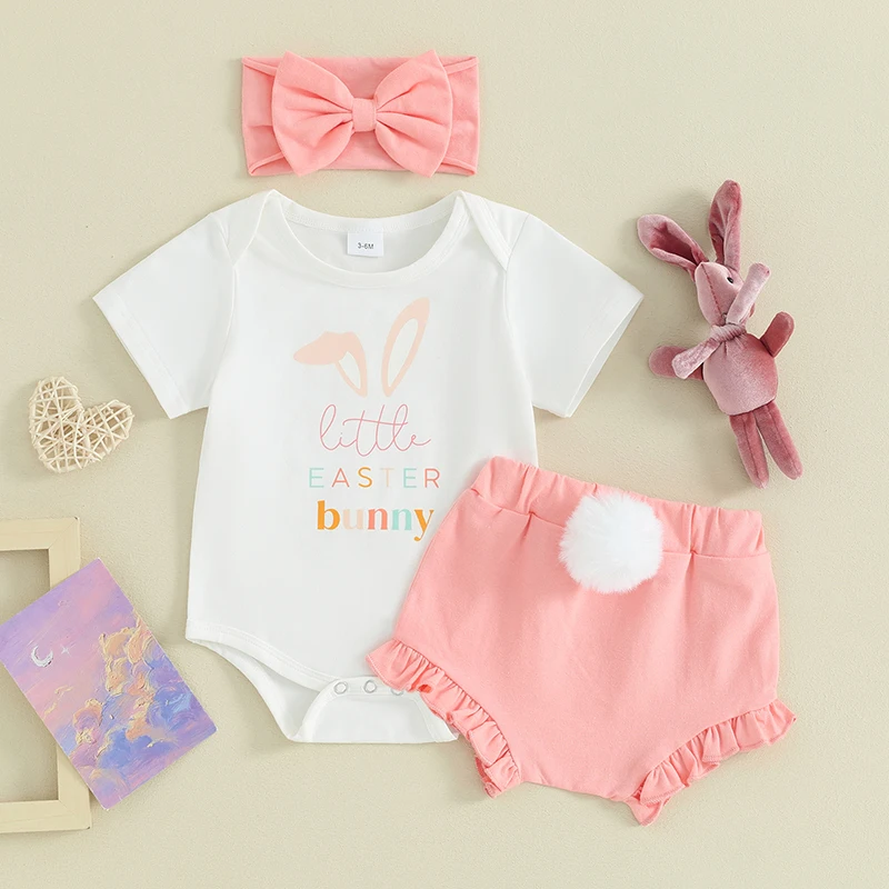 

Infant Baby Girls Easter Outfits Short Sleeve Rabbit Print Romper Ruffle PP Shorts with Hairband 3Pcs Clothes Set