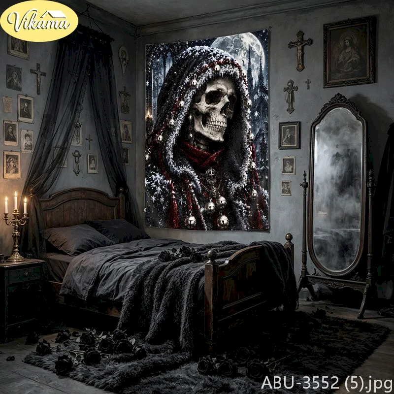 VIKAMA Gothic Tapestry Wall Hanging Skull Big Red Bow Bell Cross Dark Academia Spooky Halloween Bedroom Decor