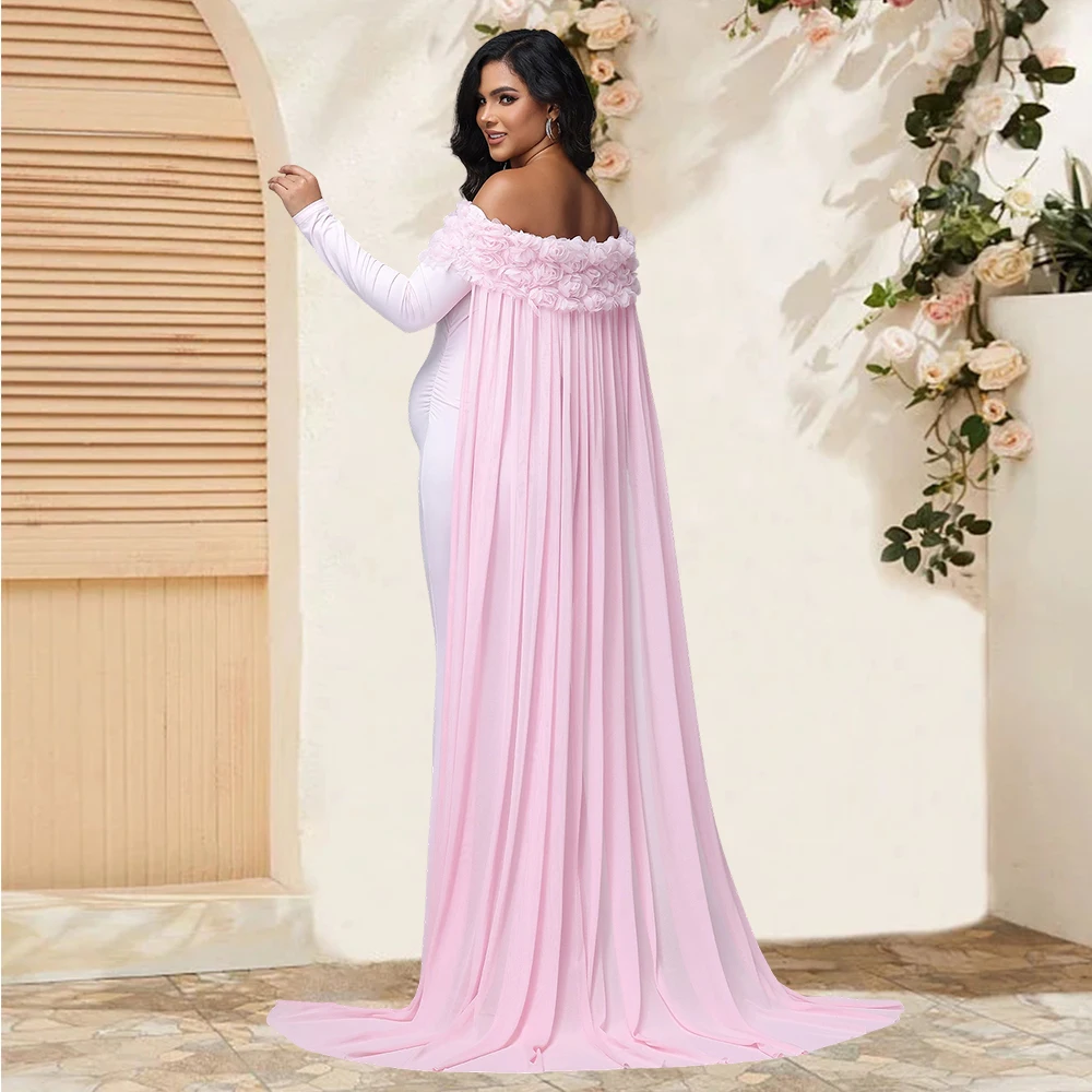Maternity Women's Appliques Off Shoulder Long Sleeves Photography Dress Mesh Cloak Maxi Gown for Photoshoot Baby Shower