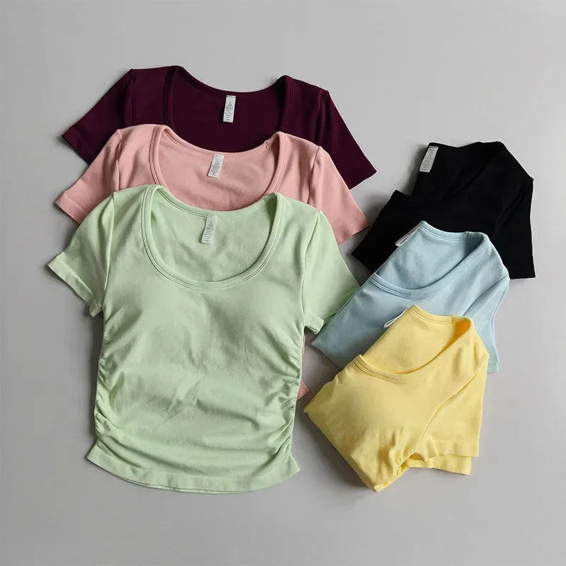 Yoga Clothes with Chest Pads for Women Pilates Running Sports Tops Short-sleeved Tight-fitting Slimming Summer Fitness T-shirts