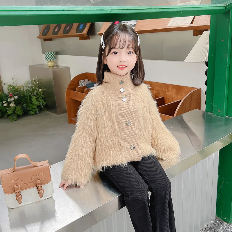 Girls Furry Sweaters Coat 2023 Winter Children Padded Knitting Cardigan Faux Fur Baby Sweaters Single Breasted Fur Sweater Tops