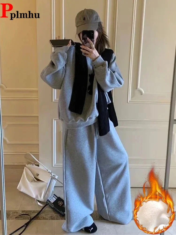 

Korea Velveteen Lined Women Tracksuit Lace-up High Waist Wide Leg Pants 2 Piece Sets Casual Fashion O-neckcoats Tops Conjunto