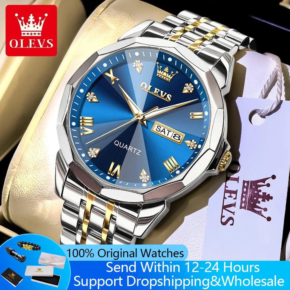 

OLEVS 9931 Кварцевые мужские часы, модные двойные календари, стальной ремешок, деловые мужские наручные часы, водонепроницаемые часы с зеркалом в виде ромба для мужчин