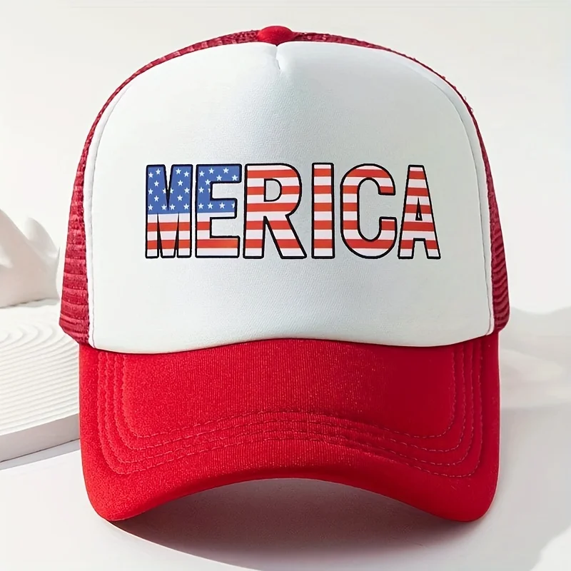 MERICA Printed Baseball Cap Unisex Mesh Breathable Sports Hat Independence Day Trucker Hat Lightweight Patriotic Cap