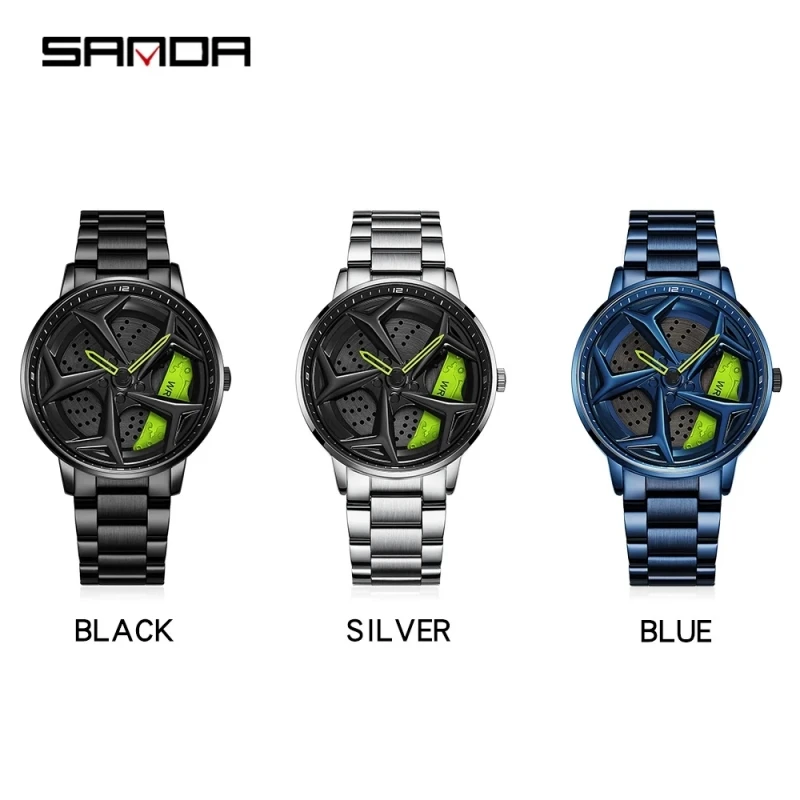 SANDA-Relógio de pulso impermeável de aço inoxidável masculino, 360 Girating Car Wheel Dial, Sports Quartz Watch, moda casual, luxo, 1087