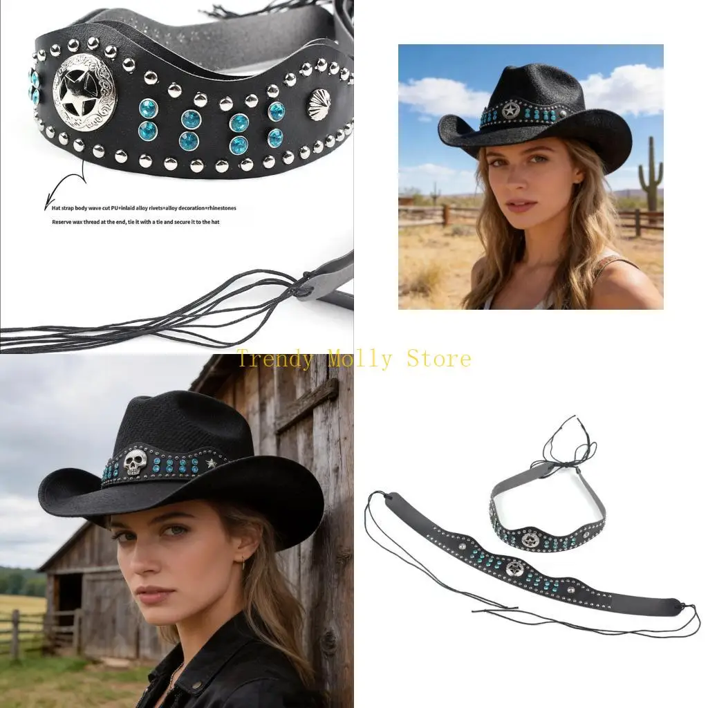

N5KB Trendy Waved Trim Hat Band with Rhinestones And Studs Fashionable PU Hat Band with Waved for Various Hat