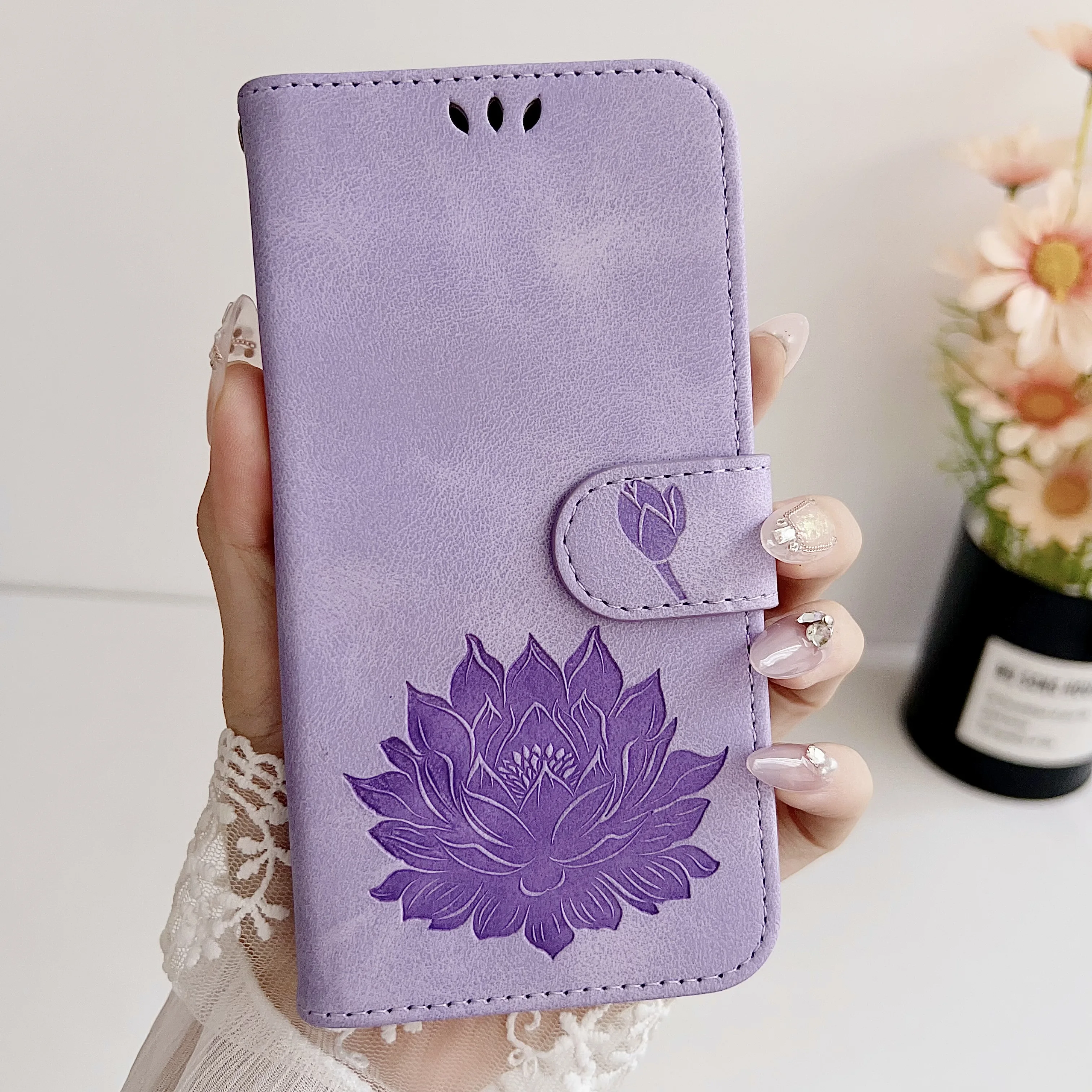 

Флип-чехол с тиснением цветка лотоса для Realme 14 Pro Plus GT Neo6 Neo7 SE 6T 6 C61 C63 C65 C75 Note 60, чехол-кошелек для карт