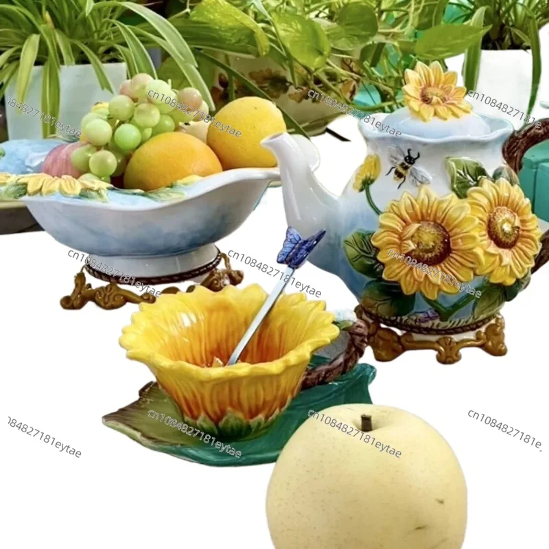 

3d stereo Sunflower Ceramic Teapot Coffee pot Coffee cup tall fruit plate dessert snack saucer Home decoration wedding gift