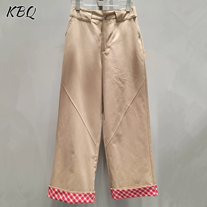 KBQ Colorblock Straight Spliced Pocket Trousers For Women High Waist Patchwork Button Temperament Loose Long Pant Female Fashion