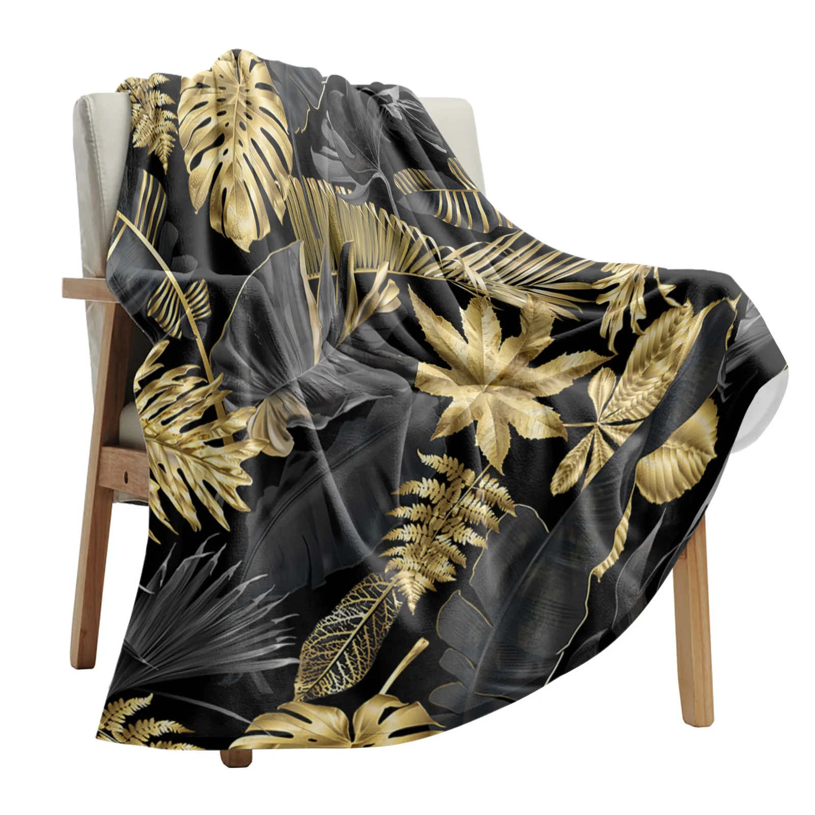 

Golden Leaves Black Background Blankets Portable Soft Throw Blanket for Bed Office Bedspread Flannel Blanket