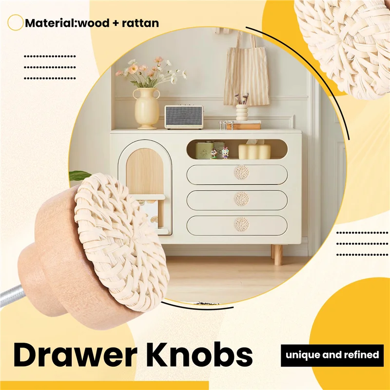 H-W Boho Rattan Dresser Knobs Round Wooden Drawer Knobs Handmade Wicker Woven And Screws For Boho Furniture Knobs Beige