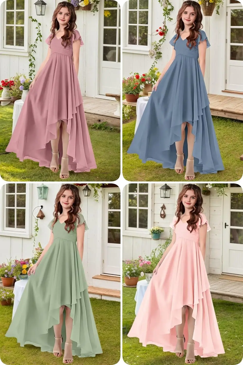 결혼식을 위한 라인 주니어 신부 들러리 드레스 쉬폰 반팔 플라워 걸 드레스 십대 파티 정장 가운