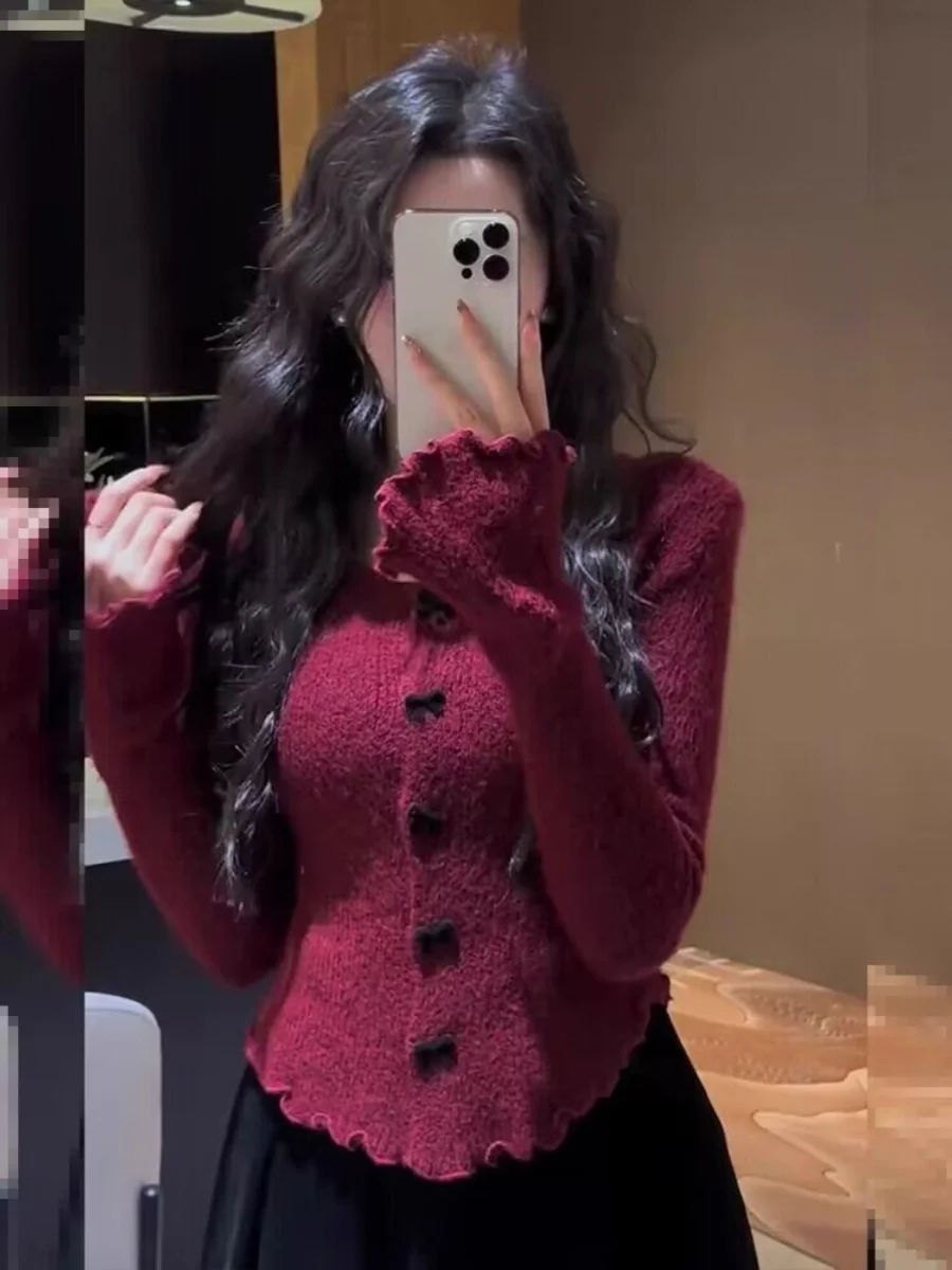 

Ele Red Knitted Sweater with Knot Long Sve Women's Faion Autumn Winter Inner irt Unique Sli Top