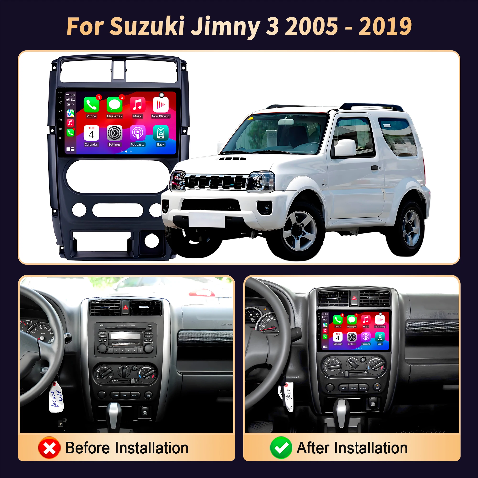 Picture 3: Car Radio Android 14  For Suzuki Jimny 3 2005-2019  Navigation  Wireless Bluetooth Carplay Multimedia Navigation Touch Screen