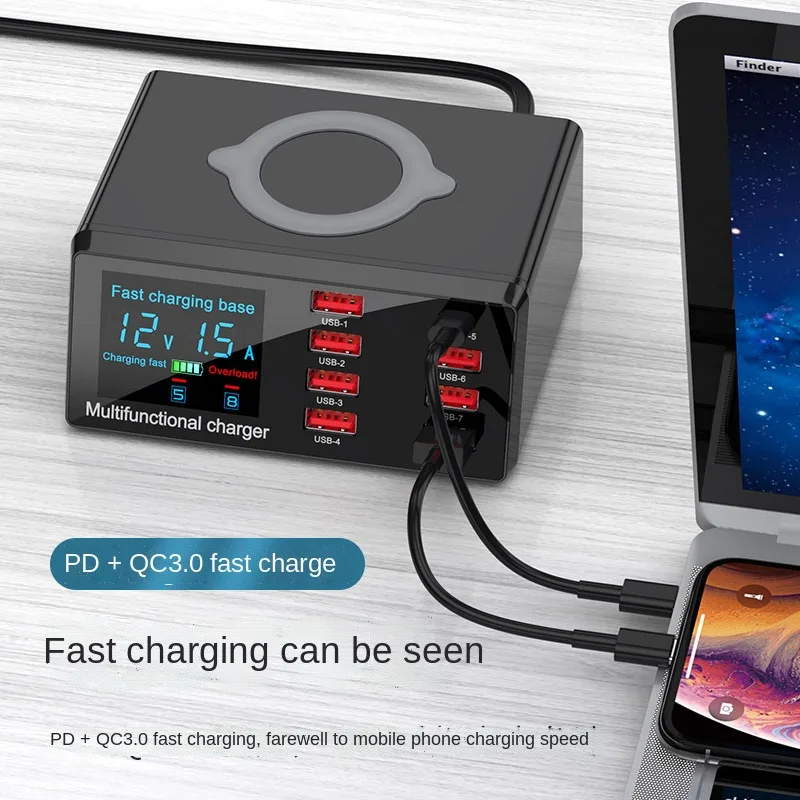 100W 8 Ports USB Charger Quick Charge 3.0 Adapter HUB Wireless Charger Charging Station PD Fast Charger For iPhone 12 13 Samsung