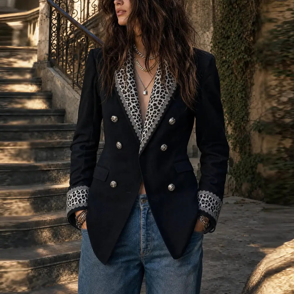 Women Suit Blazer Elegant Coat 2026 Spring Autumn Fashion Korean Blazer Luxury Double Breasted Jacket Leopard Print Ladies Tops