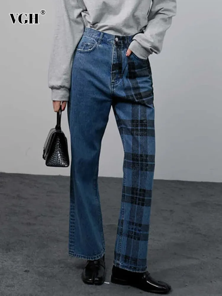 VGH Hit Color Patchwork Pocket Denim Trousers For Women High Waist Spliced Button Minimalist Casual Straight Pants Female New