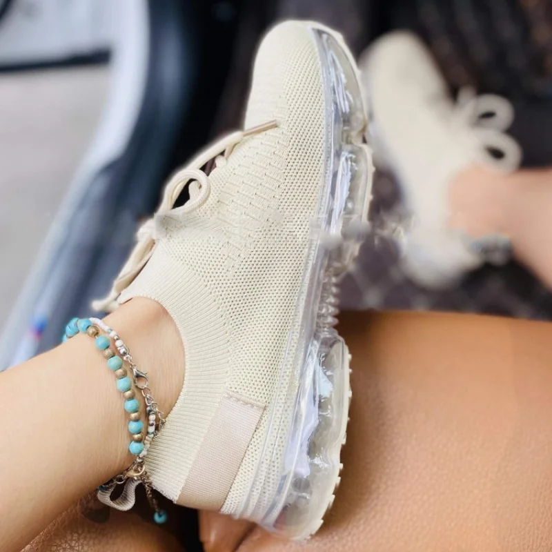 Women\'s Fashion Sneakers Flying Woven Breathable Air Cushion Flat Sole Shoes Lace-up Decorative Elastic Slip-on