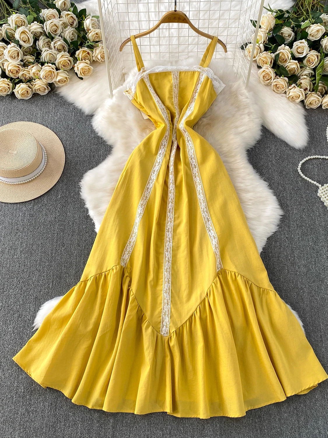 Beach Vaion Sle Langes, mit Spitzen besetztes, sommerliches, süßes Taillen-Maxikleid für Damen, Svel-A-Linien-Kleid mit hoher Taille