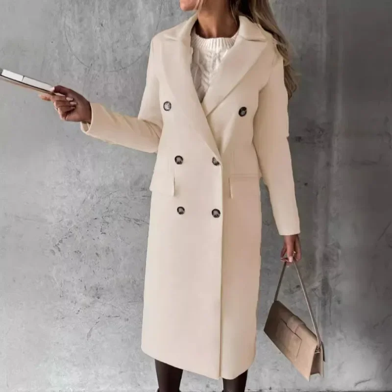 Autumn Winter Women Loose Trench Jacket Top Elegant Fashion Long Sleeve Lapel Collar Pocket Double Breasted Long Coat Overcoat