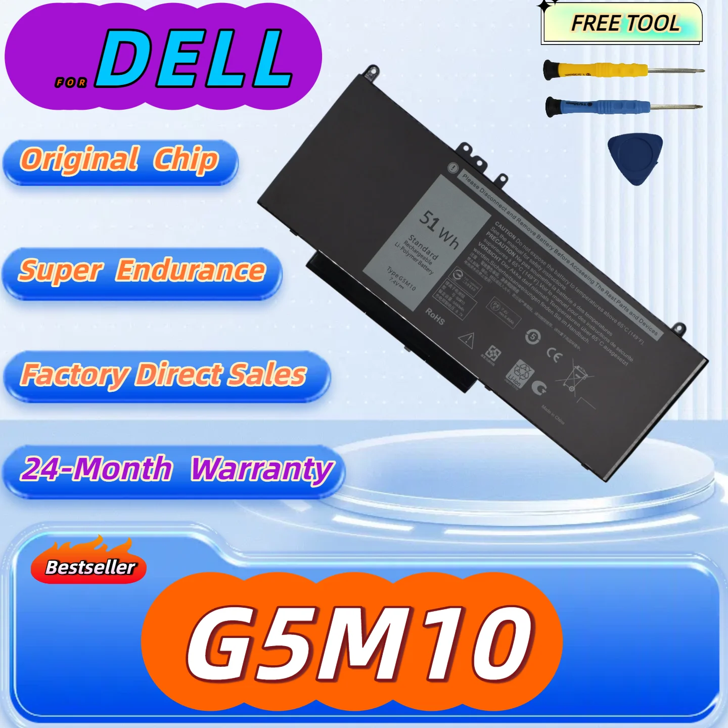 

G5M10 51WH Laptop Battery for DELL Latitude E5250 E5450 E5550 Sereis 8V5GX R9XM9 WYJC2 1KY05 Free Tool + 24M Warranty