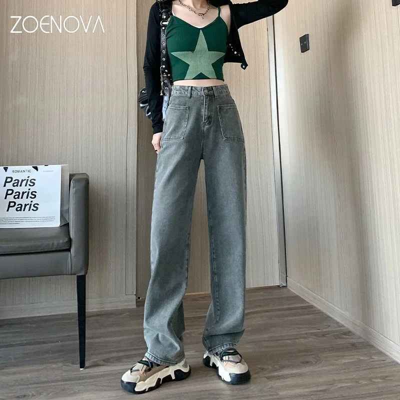 ZOENOVA 2024 Spring Korea Retro New Women Wide Leg Pants High Street Fashion Y2K Nostalgia Vintage Pant Straight Cargo Trousers