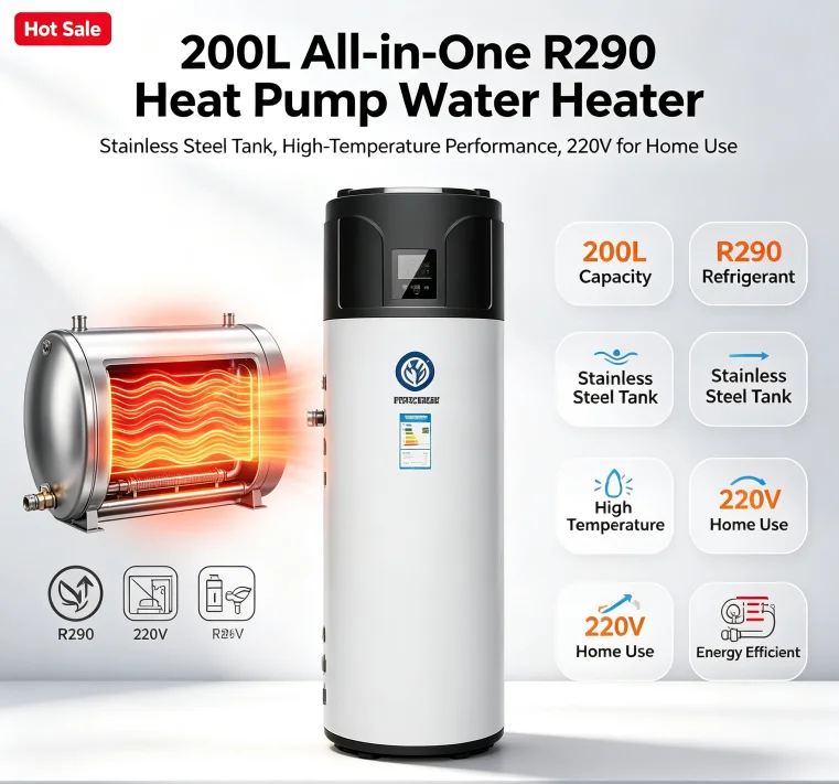 

200L All-in-One R290 Heat Pump Water Heater – Stainless Steel Tank, High-Temperature Performance, 220V for Home Use.